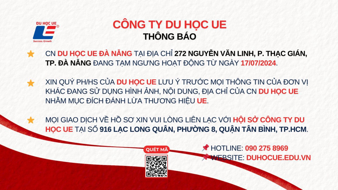 Thông báo v.v tạm ngưng hoạt động chi nhánh Du học UE Đà Nẵng từ ngày 17/07/2024